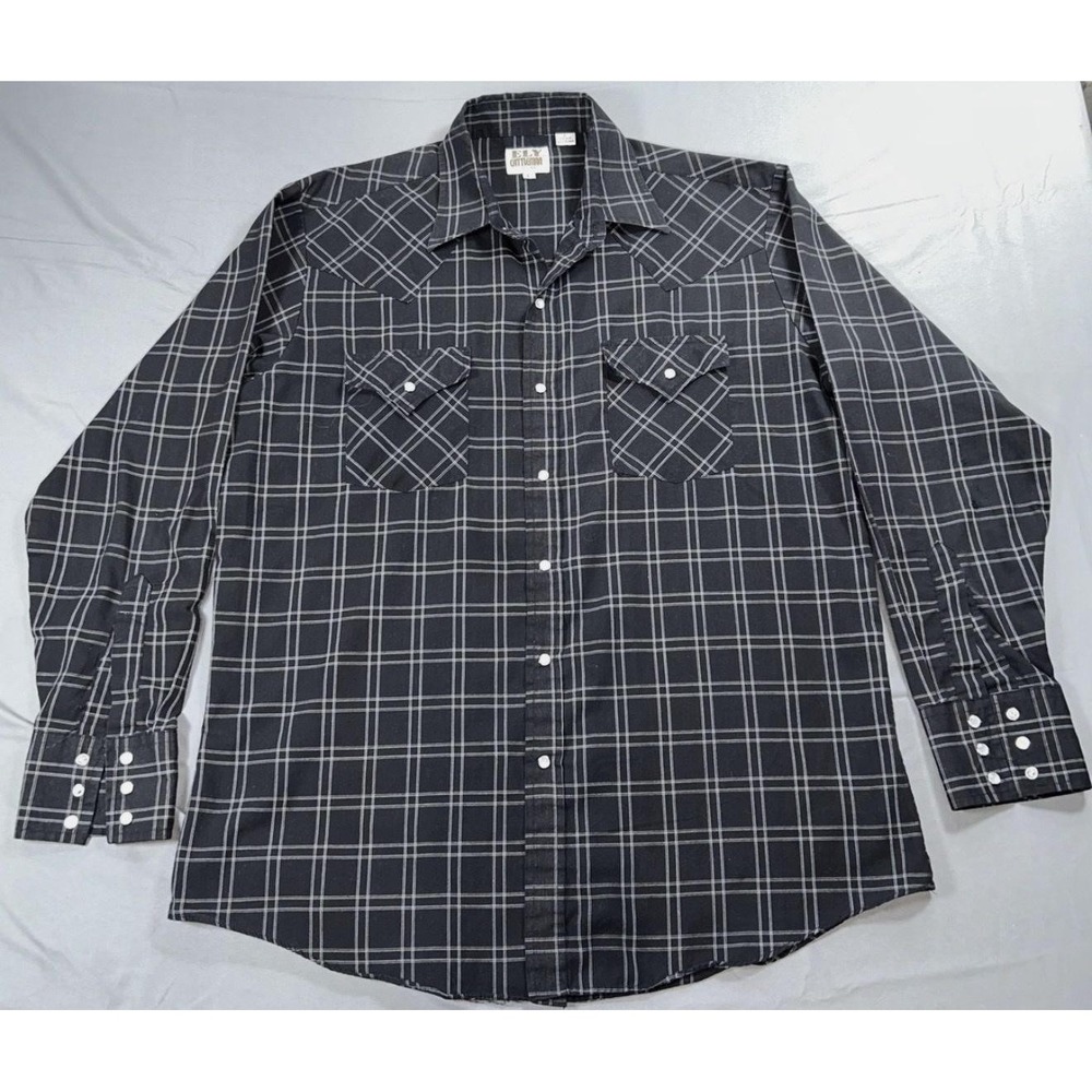 Ely Cattleman Shirt Mens L Black Plaid Long Sleeve Western Pearl Snap Casual